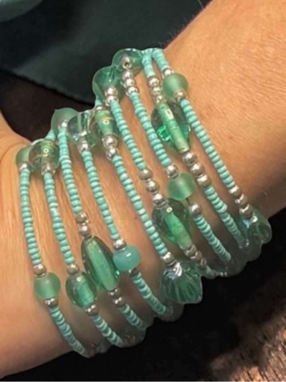 Layered Carved Aqua Crystal & Turquoise Bead Memory Wire Statement Bracelet